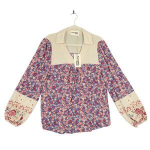 NWT SAVANNA JANE T12896 Floral Embroidered Mixed Media Boho Top SIZE SMALL